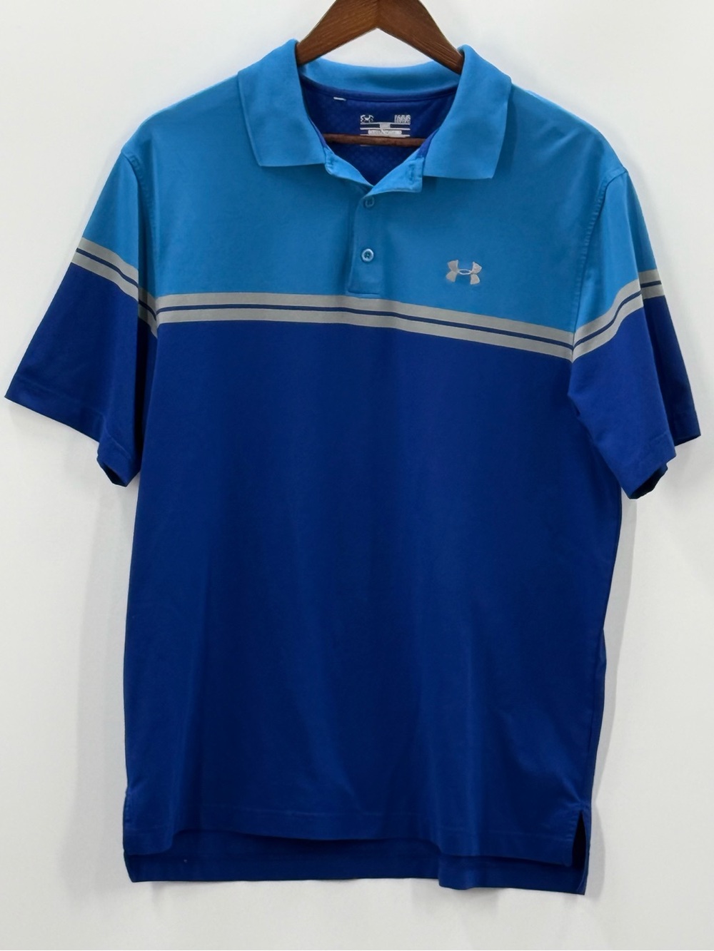 430 Under Armour Men's Large Two-Tone Blue Golf Polo with Reflective Stripe